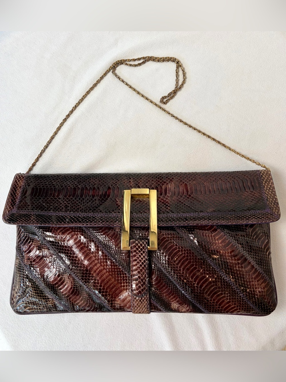 Bags by Varon VTG Snakeskin Clutch w/Gold Chain, brown, purple piping/interior